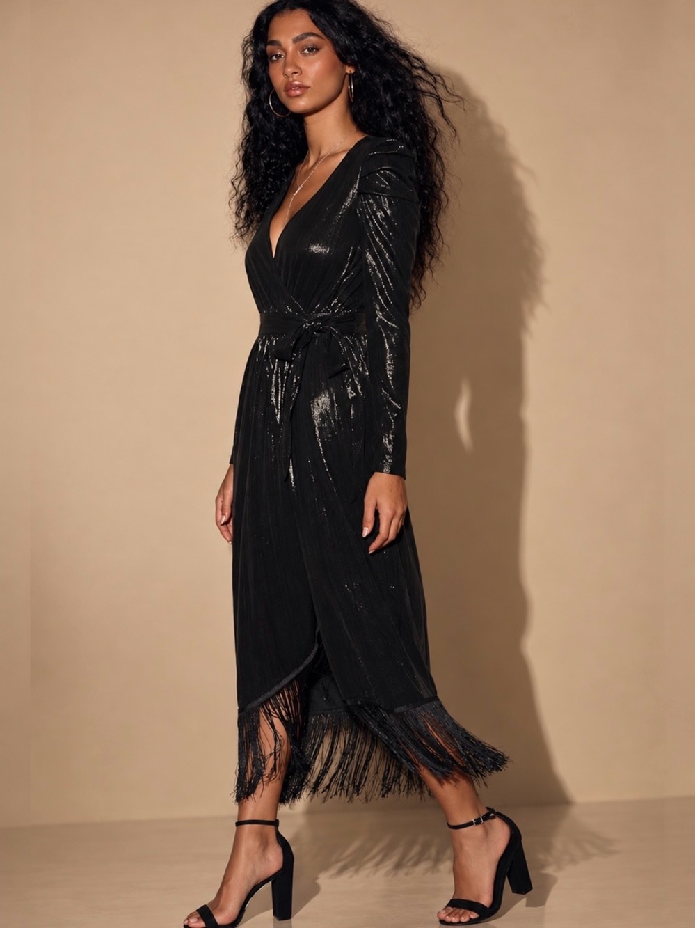 Lulus Dream Big Black Metallic Puff Sleeve Fringe Wrap Midi Dress Size M
